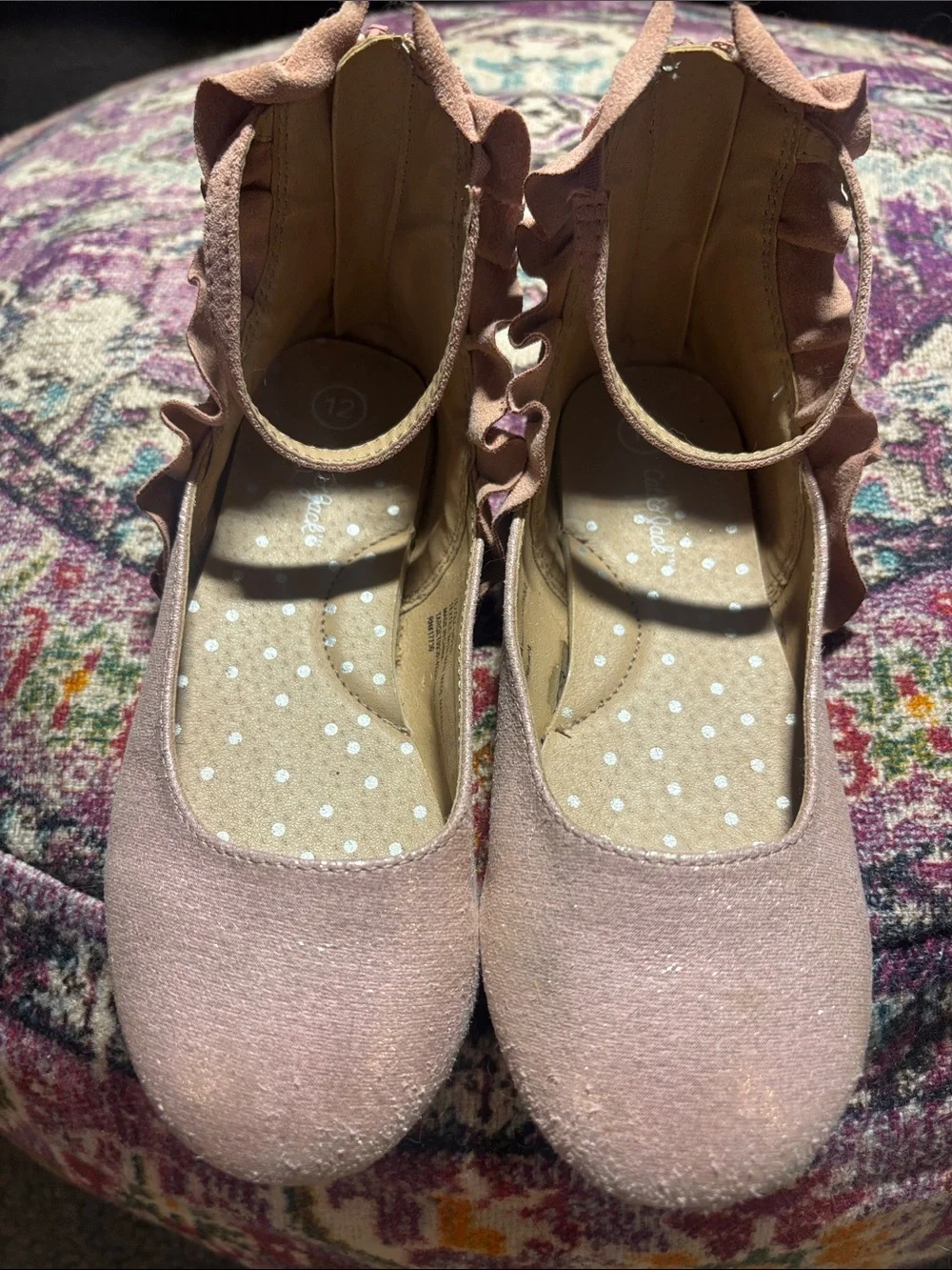 Cat & Jack Girls Ruffled Ankle-Strap Ballet Flats, Sparkly Blush Pink, Size 12